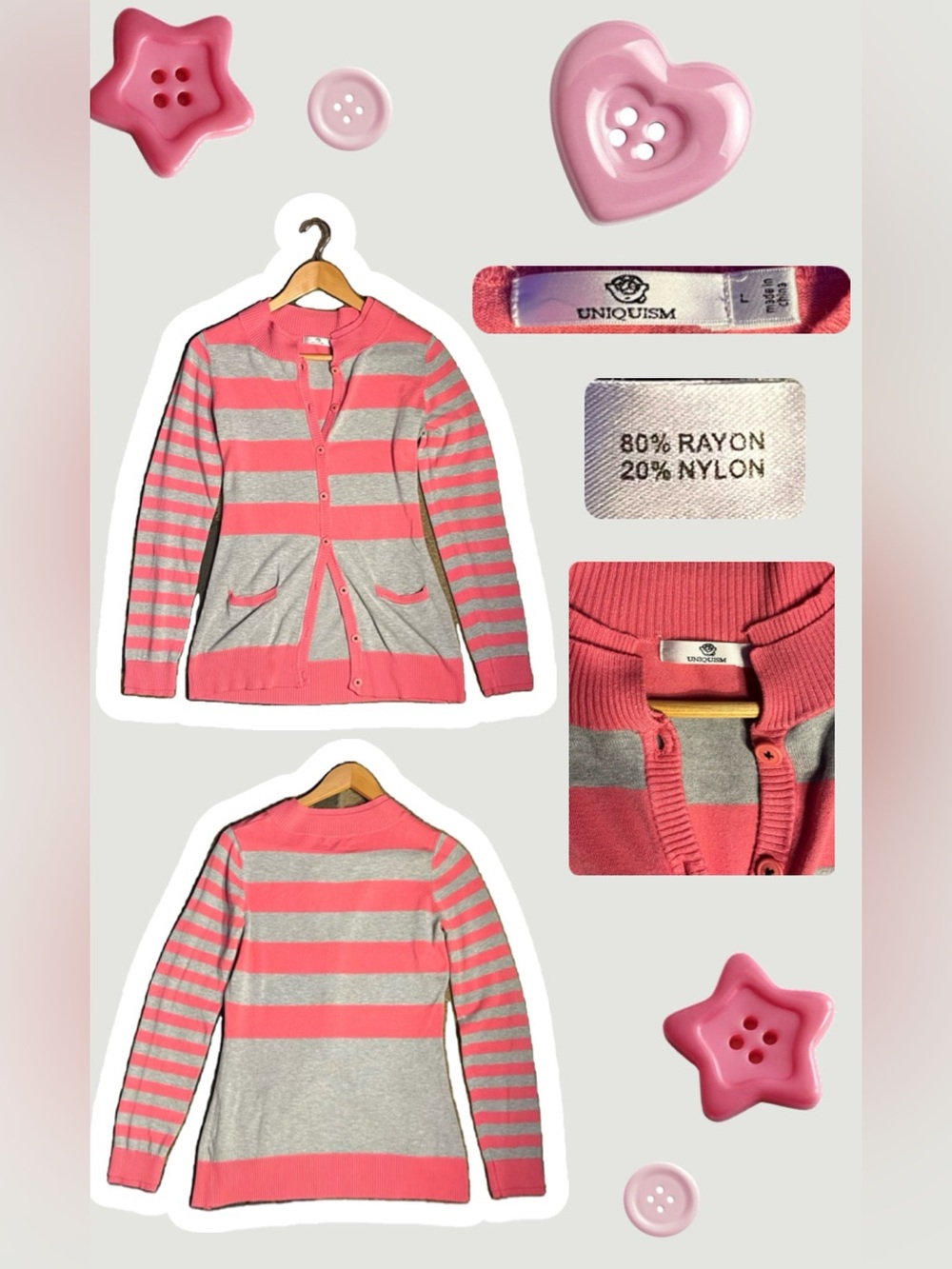 Pink & Gray Striped Button-Front Cardigan Sweater